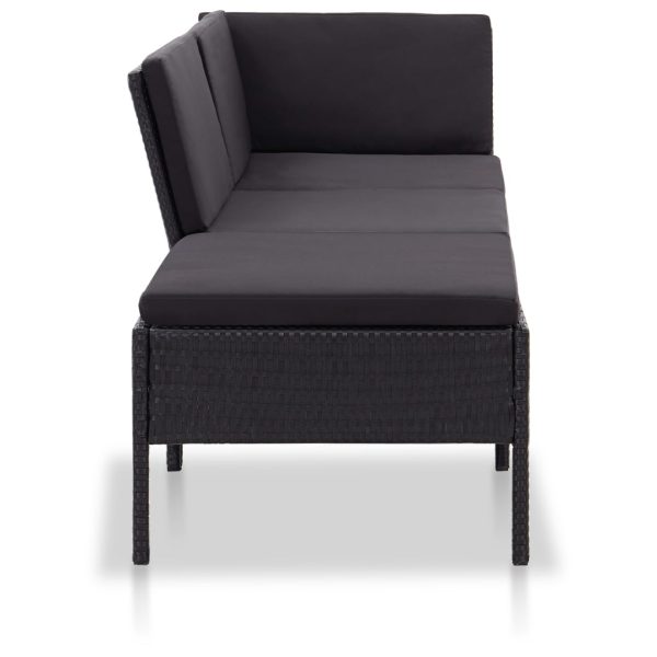 3 pcs conjunto lounge de jardim c/ almofadões vime PE preto - Image 3