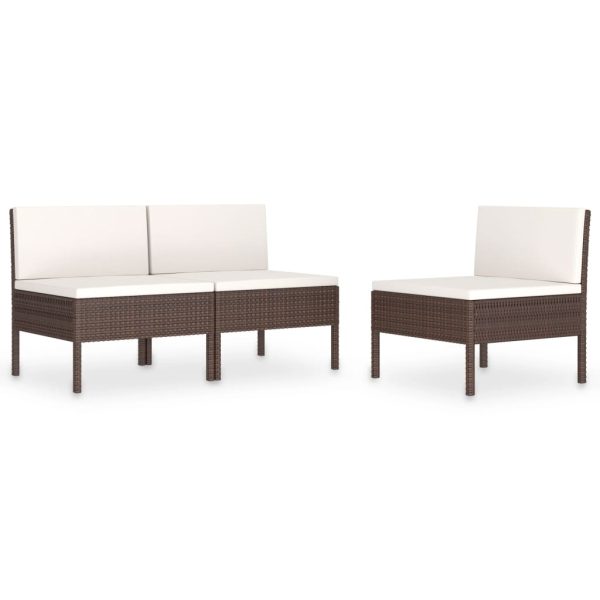 Cadeiras de jardim 3 pcs c/ almofadões vime PE castanho - Image 2