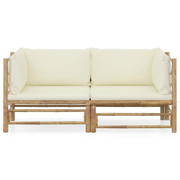 2 pcs conjunto lounge de jardim bambu c/ almofadões branco nata - Image 2