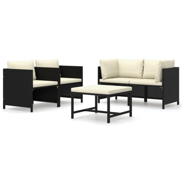 5 pcs conjunto lounge de jardim c/ almofadões vime PE preto - Image 2