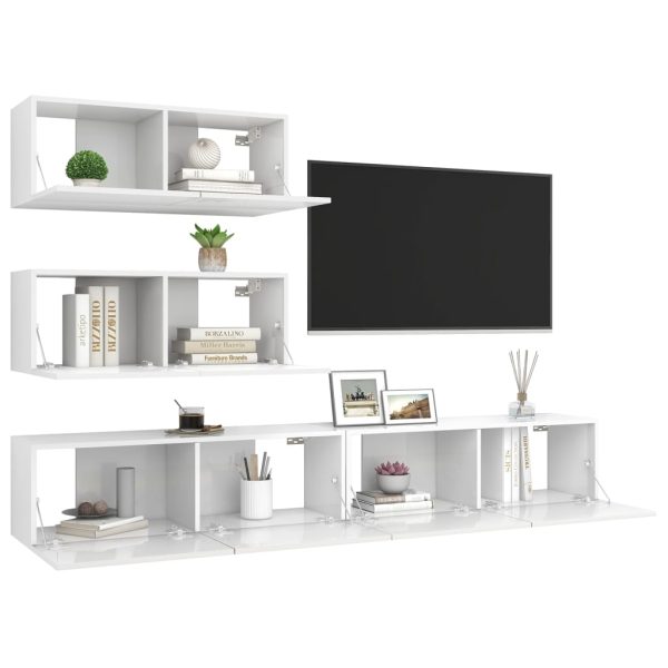 4 pcs conjunto de móveis de TV contraplacado branco brilhante - Image 3