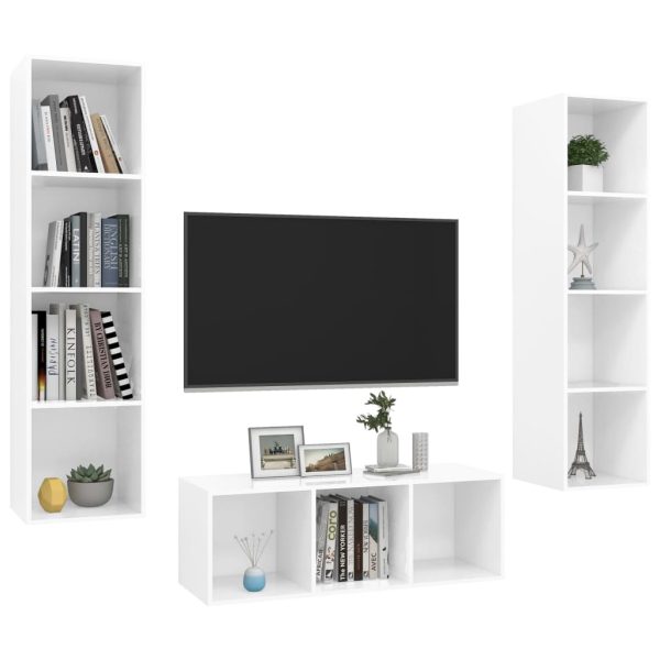 3 pcs conjunto de móveis de TV contraplacado branco brilhante - Image 3