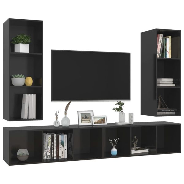 Armários de parede para TV 4 pcs contraplacado preto brilhante - Image 3