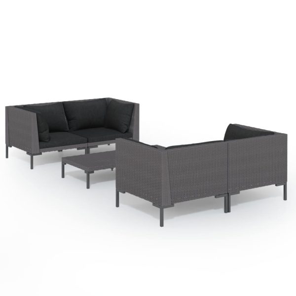 5 pcs conj. lounge jardim c/ almofadões vime PE cinzento-escuro - Image 2