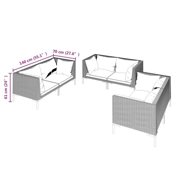 6 pcs conj. lounge jardim c/ almofadões vime PE cinzento-escuro - Image 5