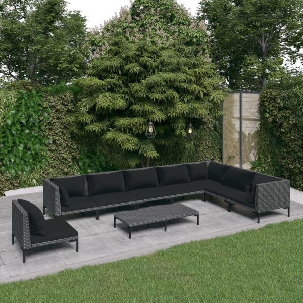 9 pcs conj. lounge jardim c/ almofadões vime PE cinzento-escuro