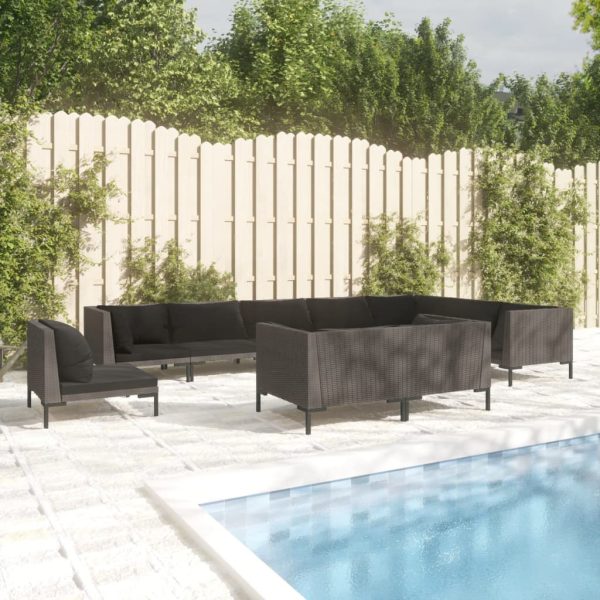 10 pcs conj. lounge jardim c/ almofadões vime PE cinza-escuro