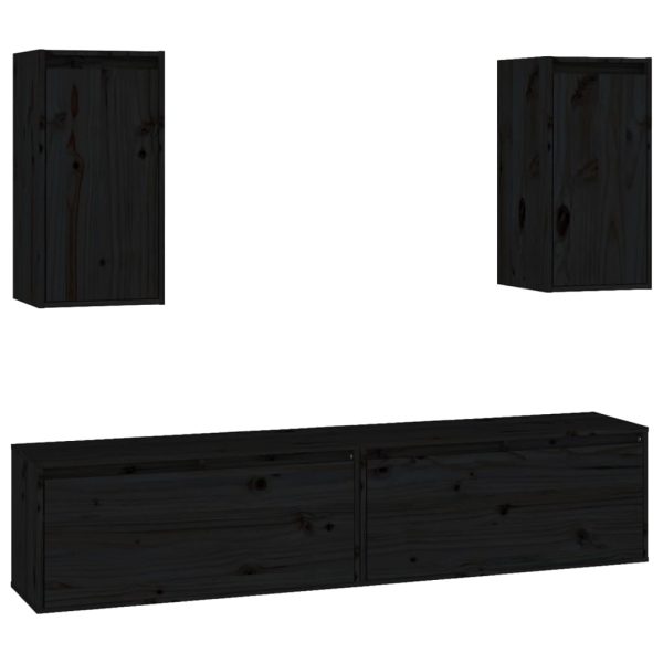 Móveis de TV 4 pcs madeira de pinho maciça preto - Image 2
