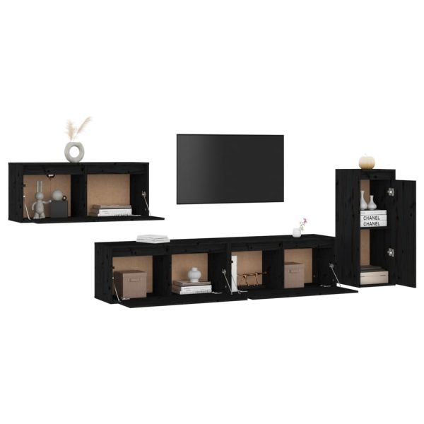 Móveis de TV 4 pcs madeira de pinho maciça preto - Image 4