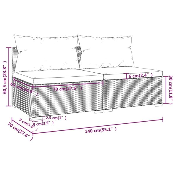 2 pcs conjunto lounge de jardim c/ almofadões vime PE castanho - Image 5