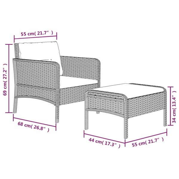 2 pcs conjunto lounge de jardim c/ almofadões vime PE preto - Image 8