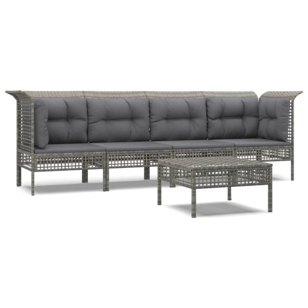 5 pcs conjunto lounge de jardim c/ almofadões vime PE cinzento - Image 2