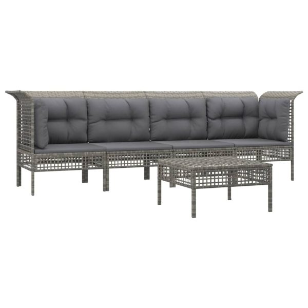 5 pcs conjunto lounge de jardim c/ almofadões vime PE cinzento - Image 3