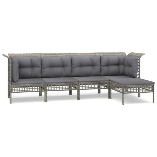 5 pcs conjunto lounge de jardim c/ almofadões vime PE cinzento - Image 2