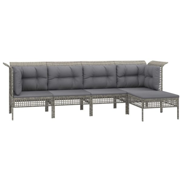5 pcs conjunto lounge de jardim c/ almofadões vime PE cinzento - Image 3