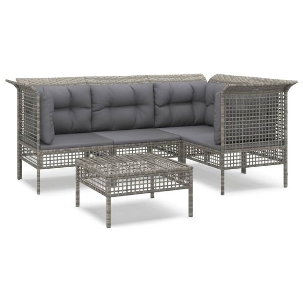 5 pcs conjunto lounge de jardim c/ almofadões vime PE cinzento - Image 2
