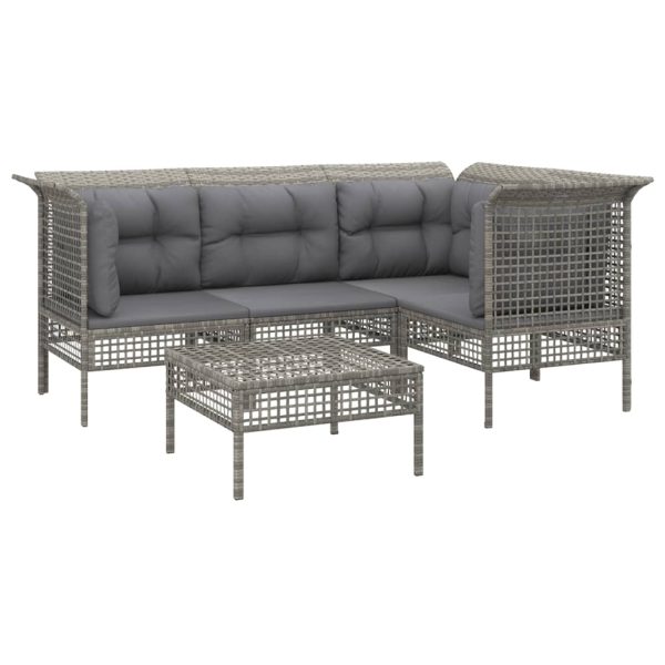 5 pcs conjunto lounge de jardim c/ almofadões vime PE cinzento - Image 3