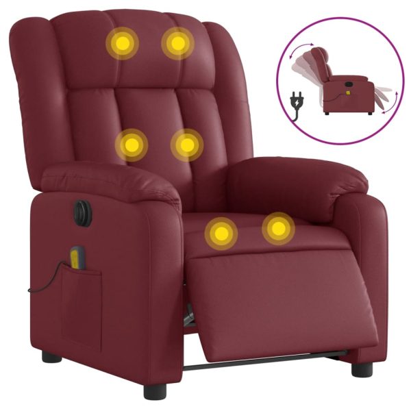 Poltrona massagens reclin. elétrica couro artif. vermelho-tinto - Image 2