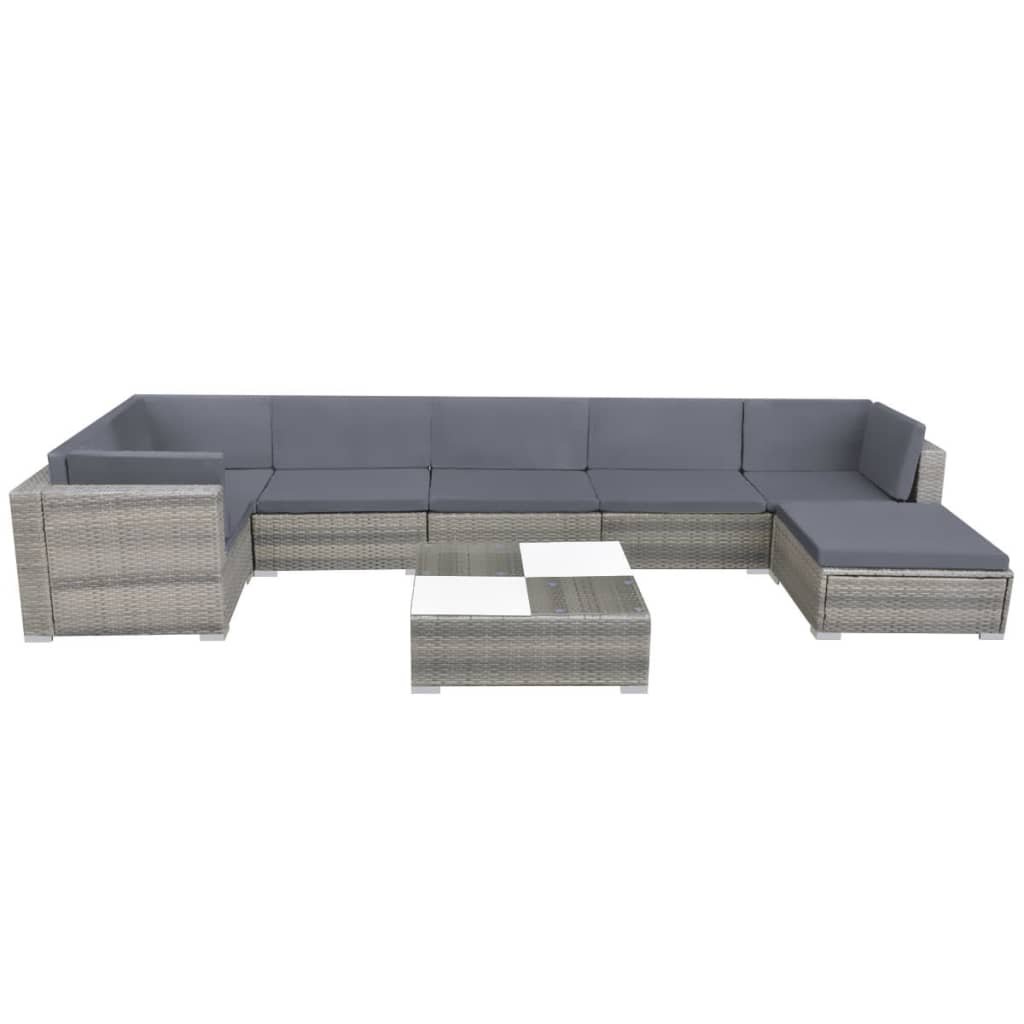 8 pcs conjunto lounge de jardim c/ almofadões vime PE cinzento - Image 2