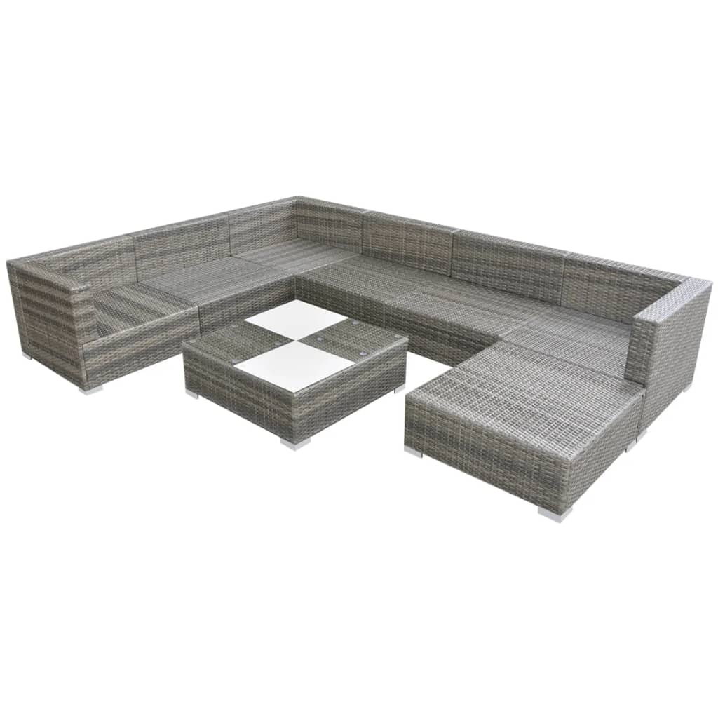 8 pcs conjunto lounge de jardim c/ almofadões vime PE cinzento - Image 3