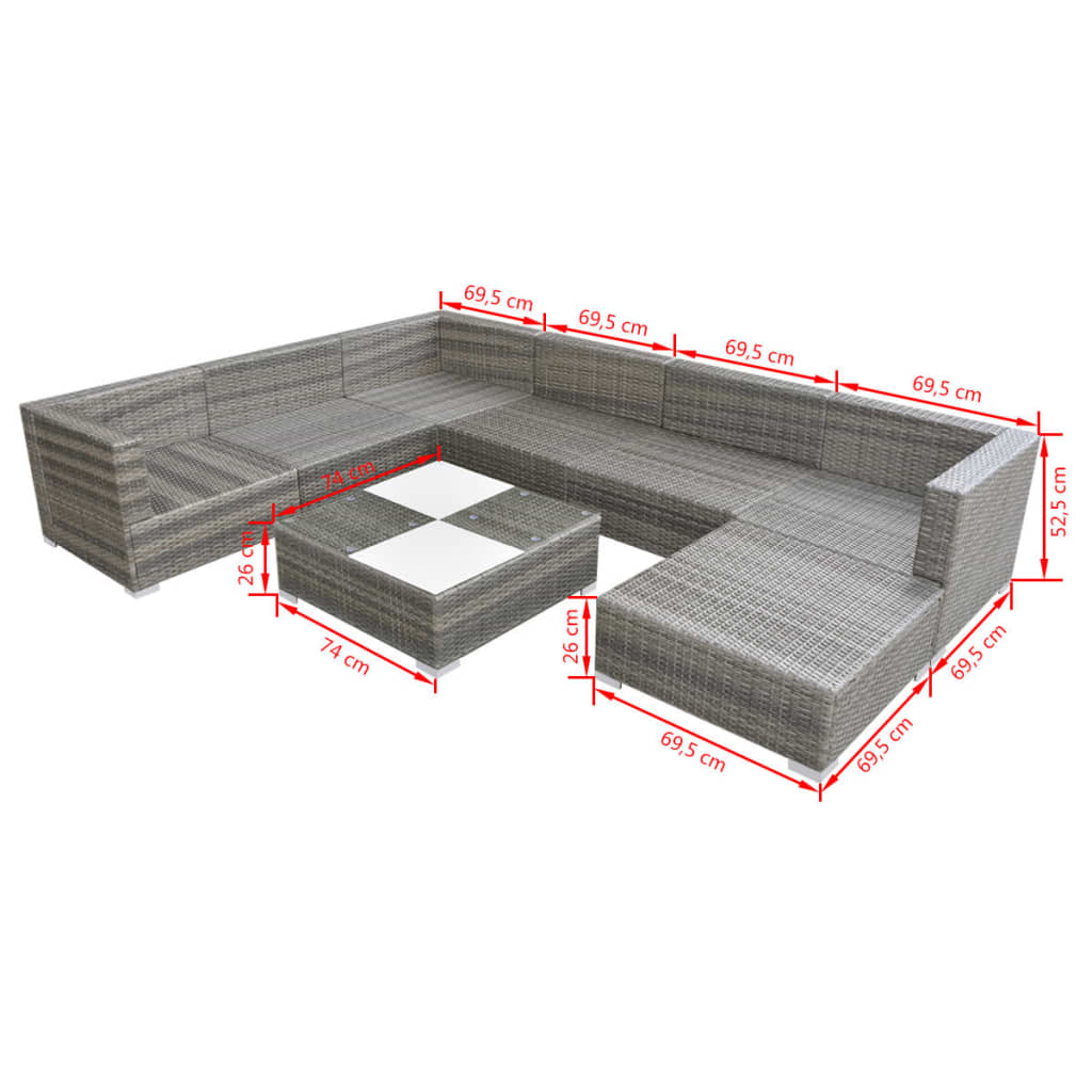 8 pcs conjunto lounge de jardim c/ almofadões vime PE cinzento - Image 5