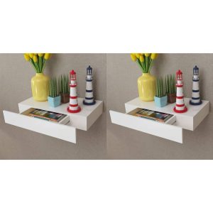 Prateleiras de parede suspensas com gavetas 2 pcs branco 48 cm