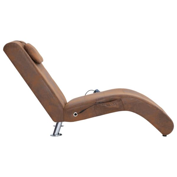 Chaise longue massagem c/ almofada camurça artificial castanho - Image 3