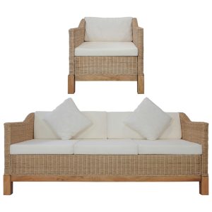 2 pcs conjunto de sofás com almofadões vime natural