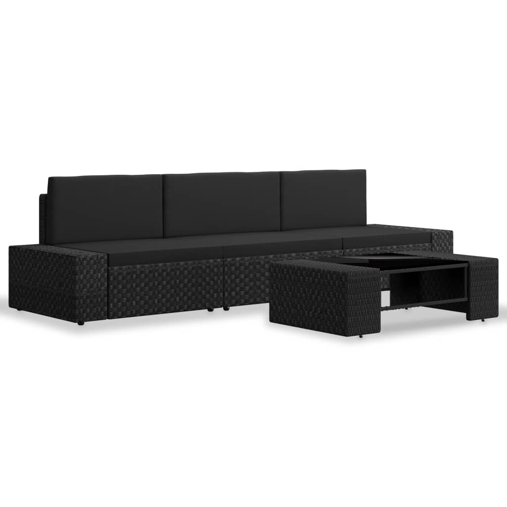 4 pcs conjunto lounge para jardim vime PE preto - Image 2