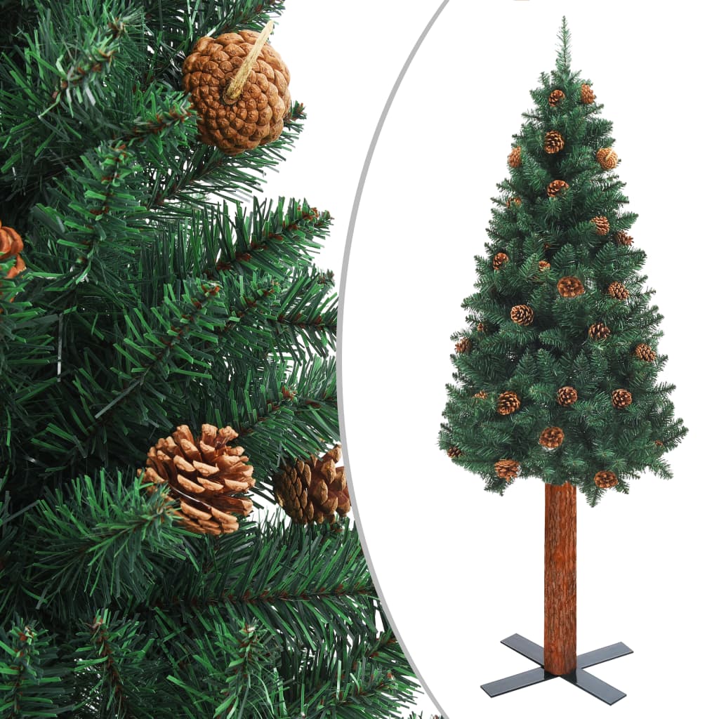 Árvore de Natal fina madeira e pinhas genuínas 210 cm PVC verde