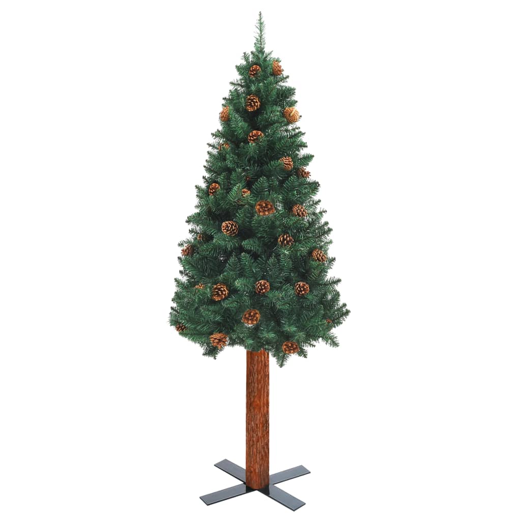Árvore de Natal fina madeira e pinhas genuínas 210 cm PVC verde - Image 2