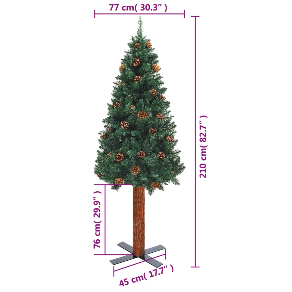 Árvore de Natal fina madeira e pinhas genuínas 210 cm PVC verde - Image 6
