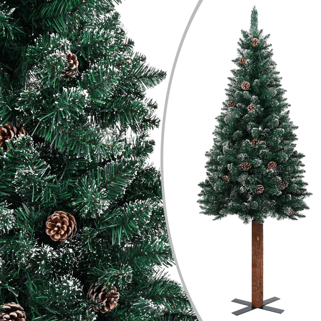 Árvore de Natal fina madeira genuína e neve branca 210 cm verde