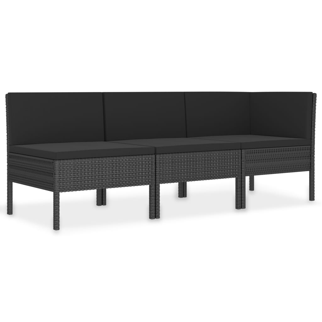 3 pcs conjunto lounge para jardim c/ almofadões vime PE preto - Image 2