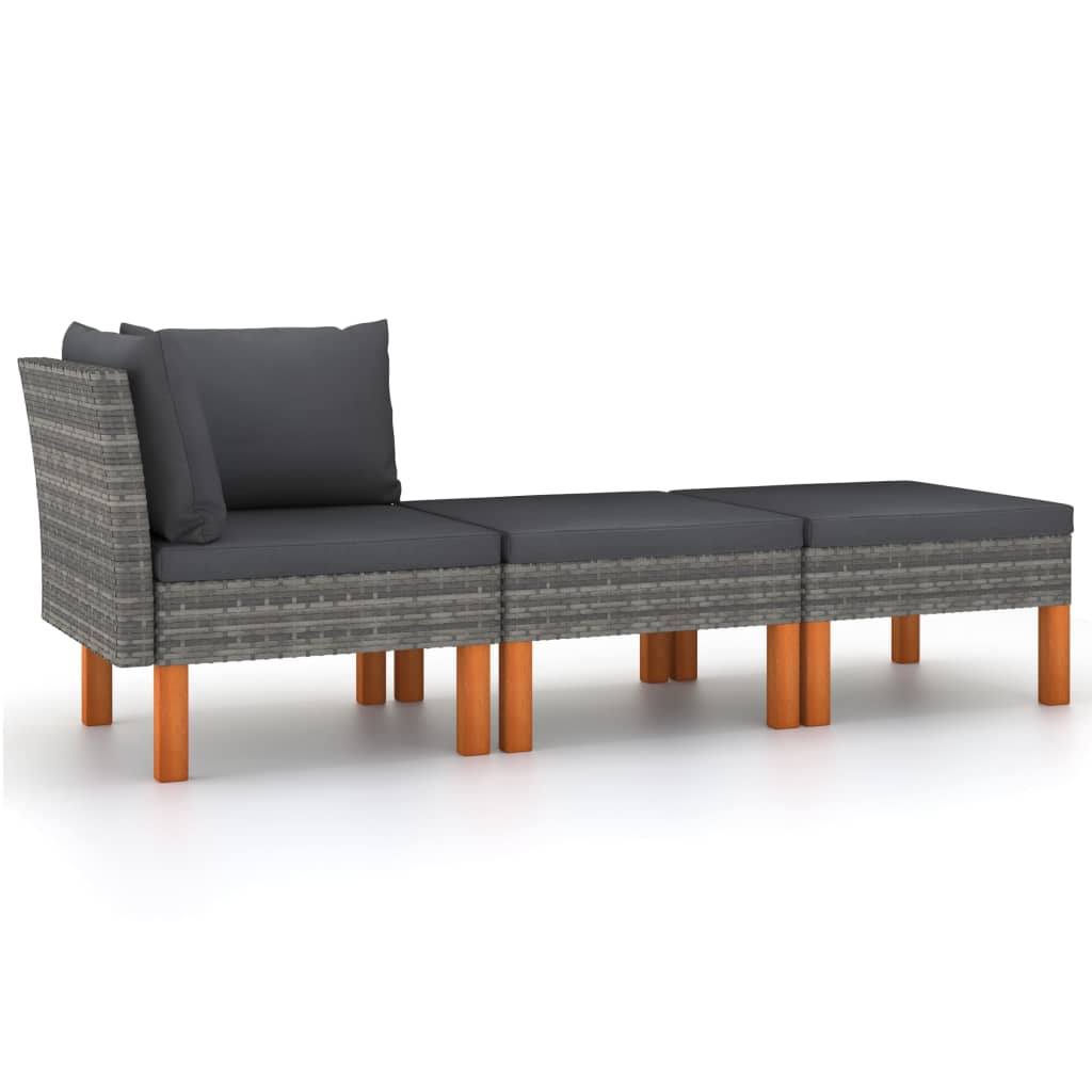 3 pcs conj. lounge jardim vime PE e madeira de eucalipto maciça