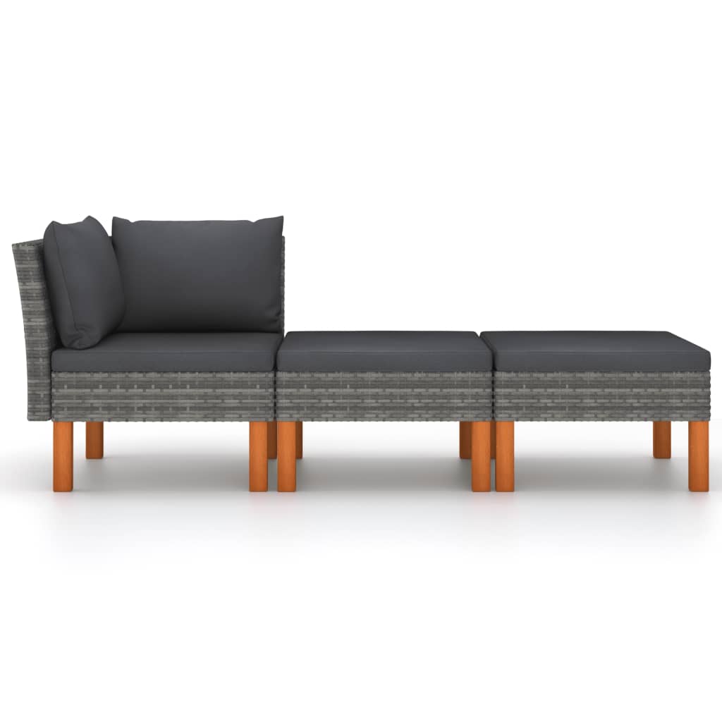 3 pcs conj. lounge jardim vime PE e madeira de eucalipto maciça - Image 2
