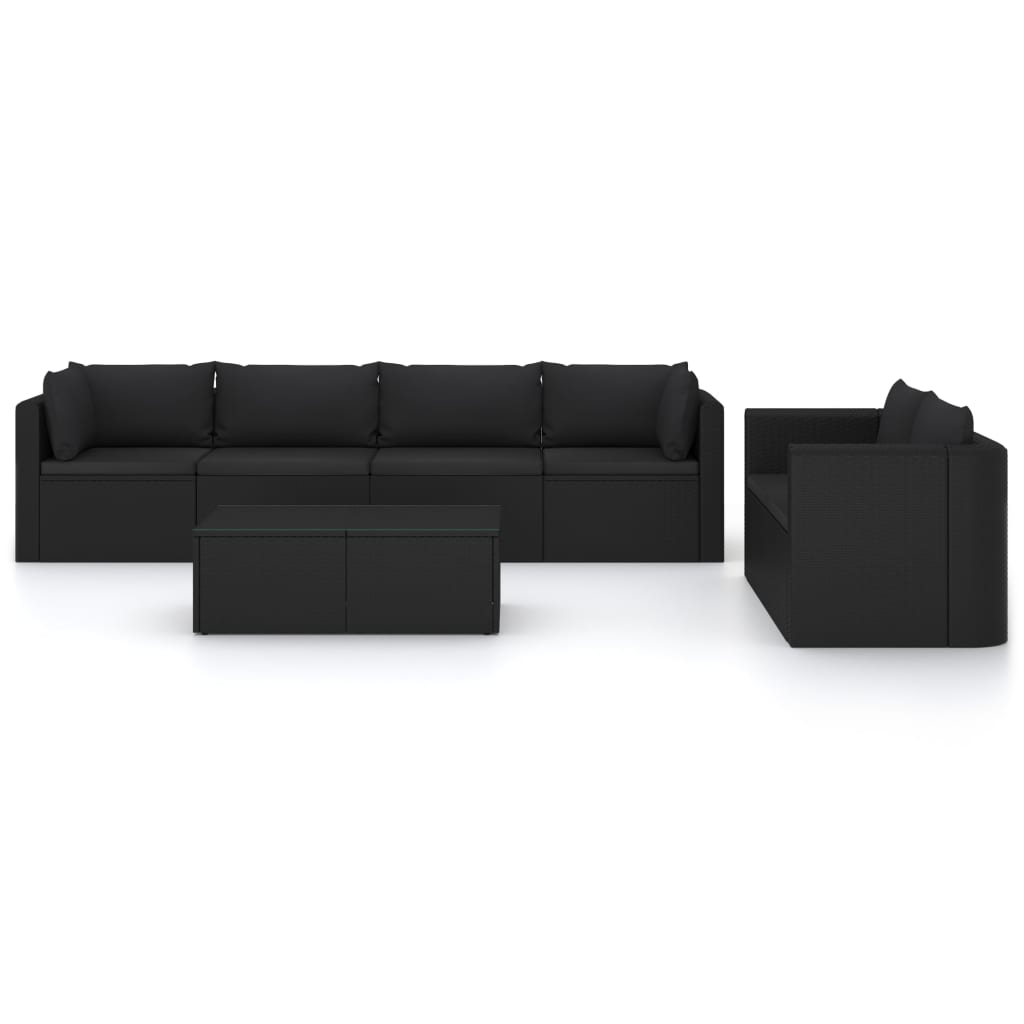 7 pcs conjunto lounge de jardim c/ almofadões vime PE preto - Image 2