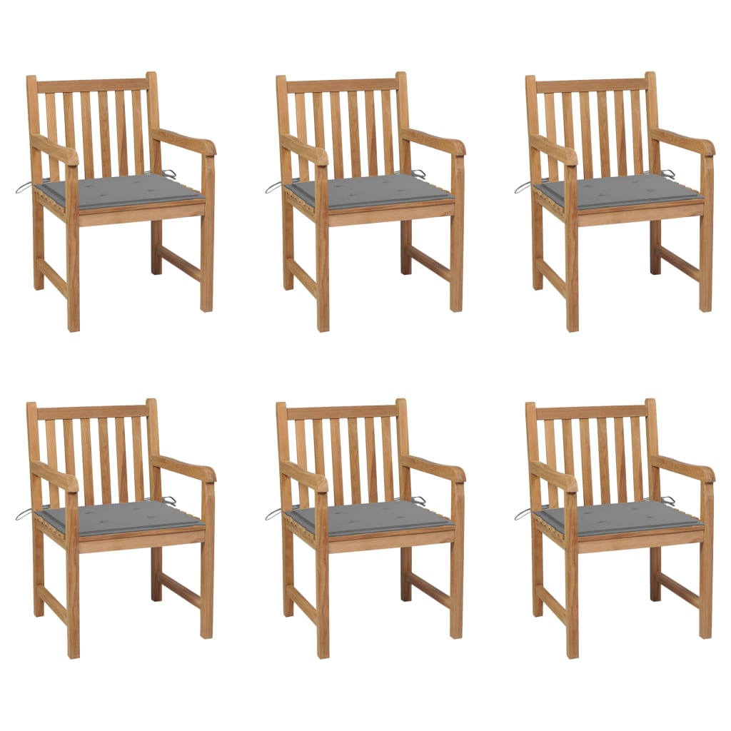 Cadeiras de jardim c/ almofadões cinzentos 6 pcs teca maciça