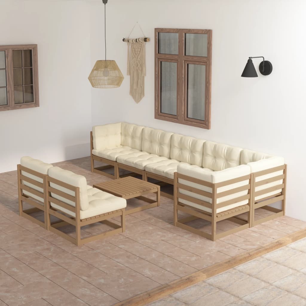 9 pcs conjunto lounge de jardim c/ almofadões pinho maciço