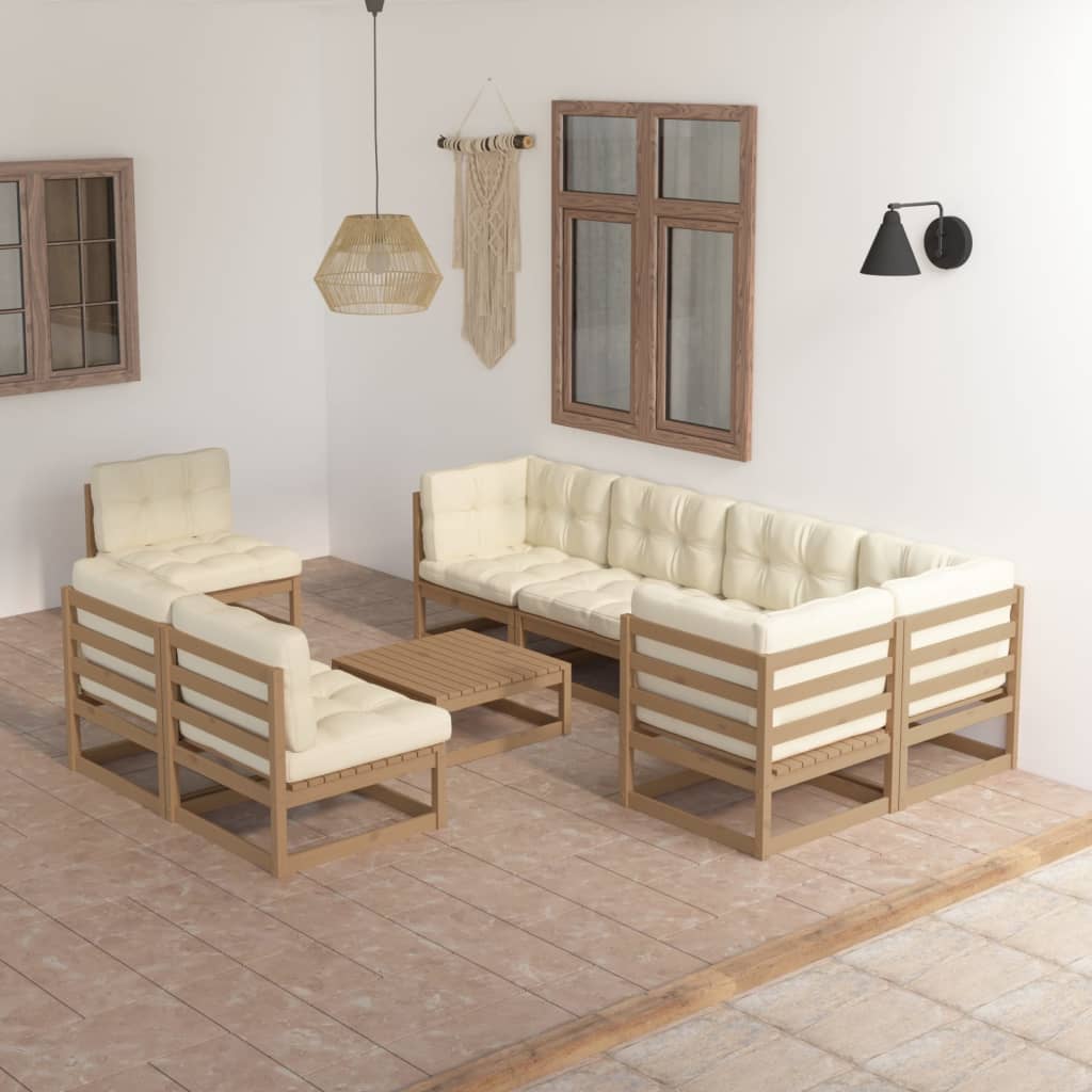 9 pcs conjunto lounge de jardim c/ almofadões pinho maciço