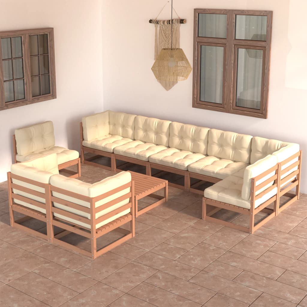 10 pcs conjunto lounge de jardim c/ almofadões pinho maciço