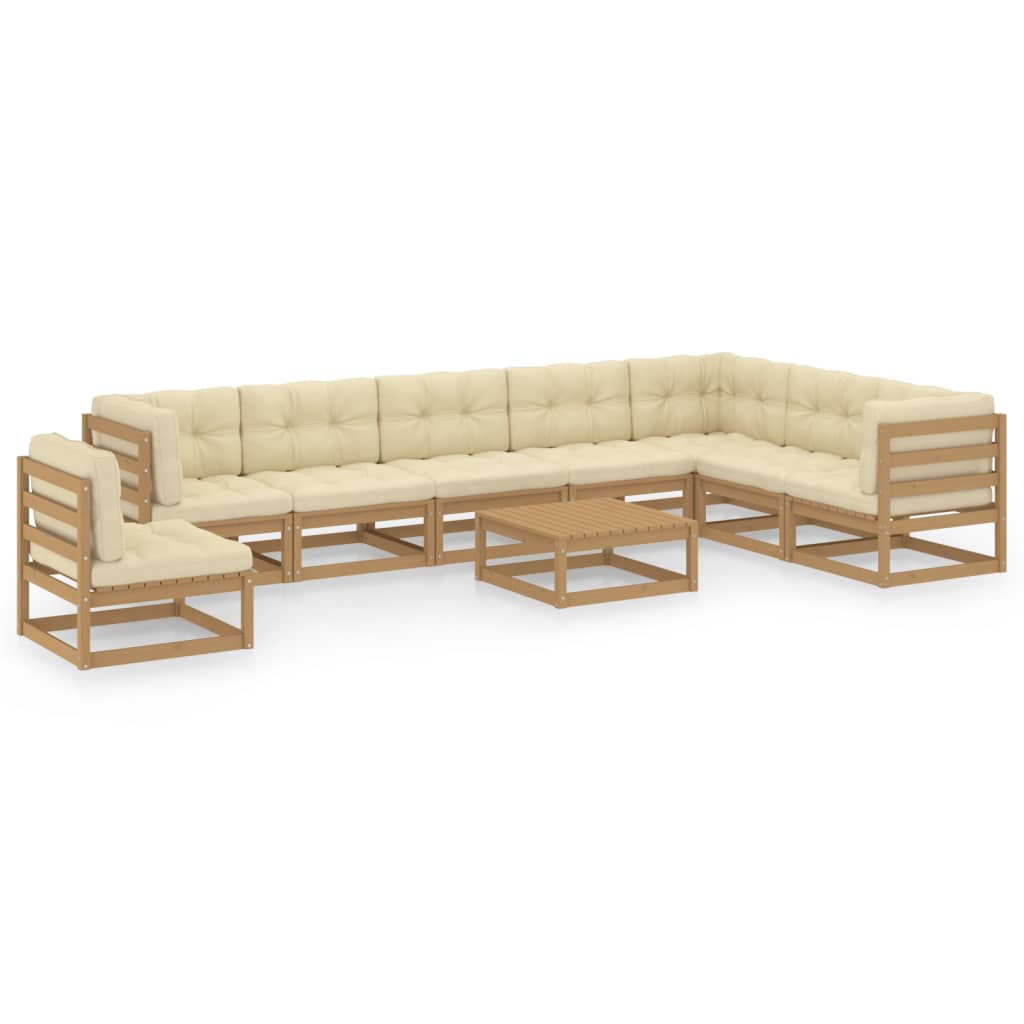 9 pcs conj. lounge ext. c/ almofadões pinho maciço castanho-mel