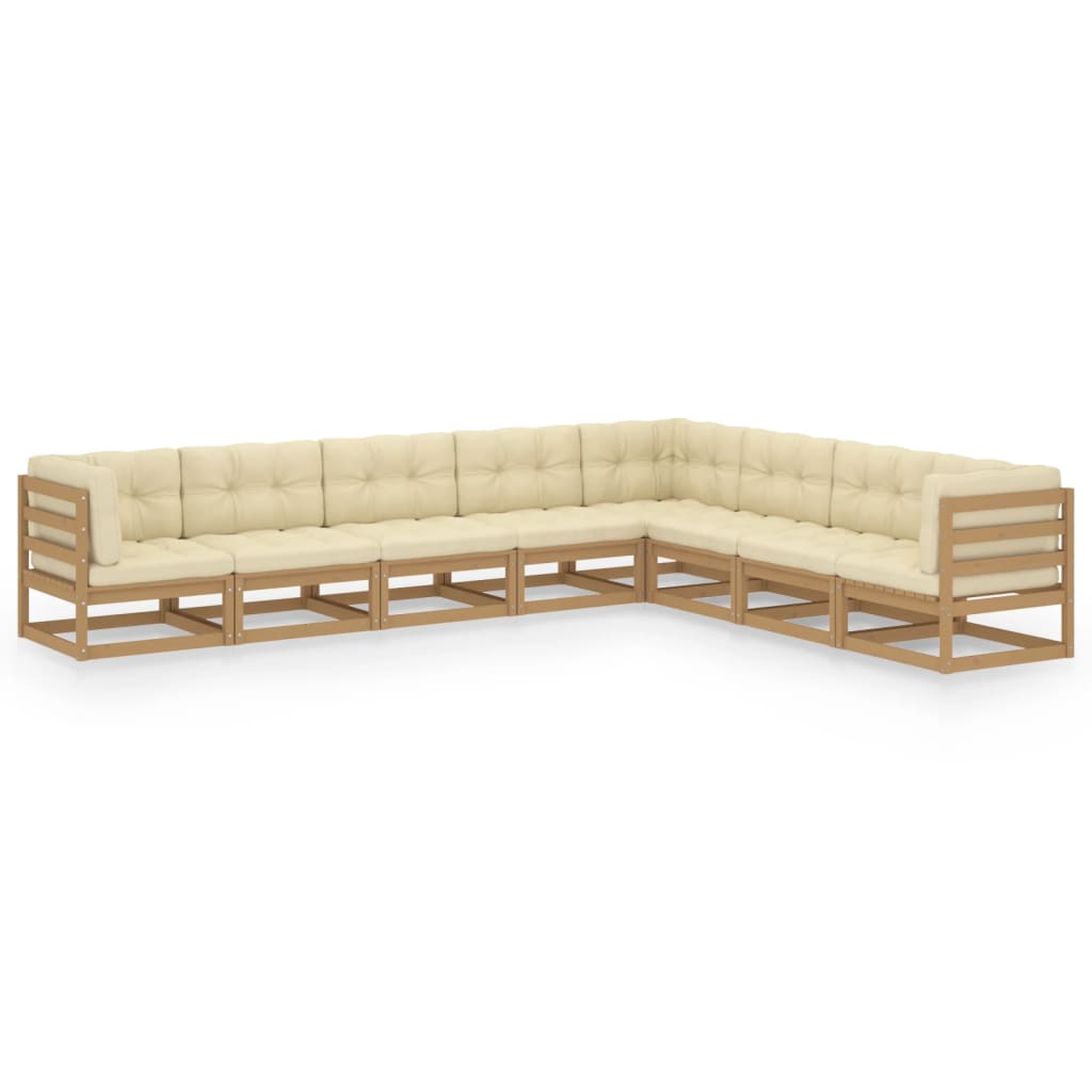 8 pcs conj. lounge ext. c/ almofadões pinho maciço castanho-mel