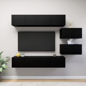 6 pcs conjunto de móveis de TV derivados de madeira preto