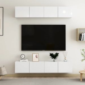 Móveis de TV 4 pcs derivados de madeira branco brilhante