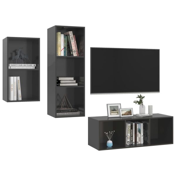 3pcs conjunto de móveis de TV derivados madeira cinza brilhante - Image 2