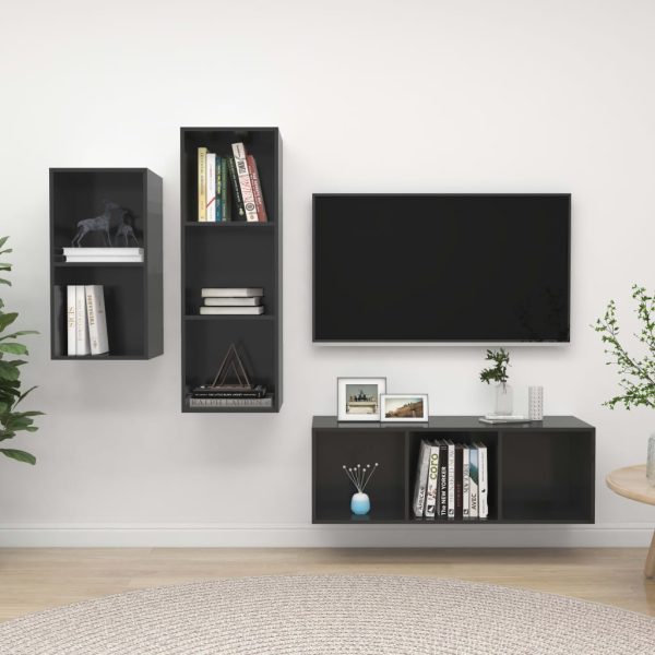 3pcs conjunto de móveis de TV derivados madeira cinza brilhante