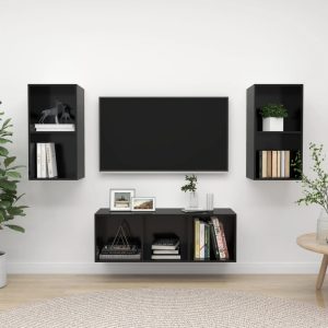 3 pcs conjunto móveis de TV derivados madeira preto brilhante