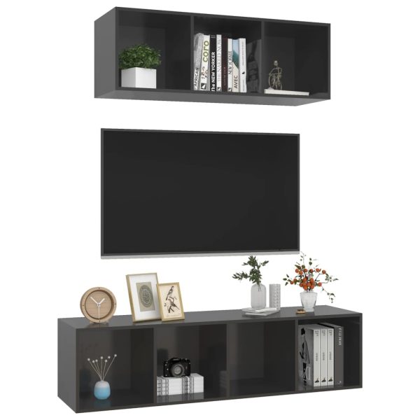2 pcs conjunto móveis de TV derivados madeira cinza brilhante - Image 2
