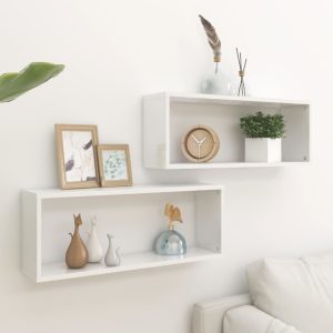 Prateleiras parede cúbicas 2 pcs deriv. madeira branco brilh.